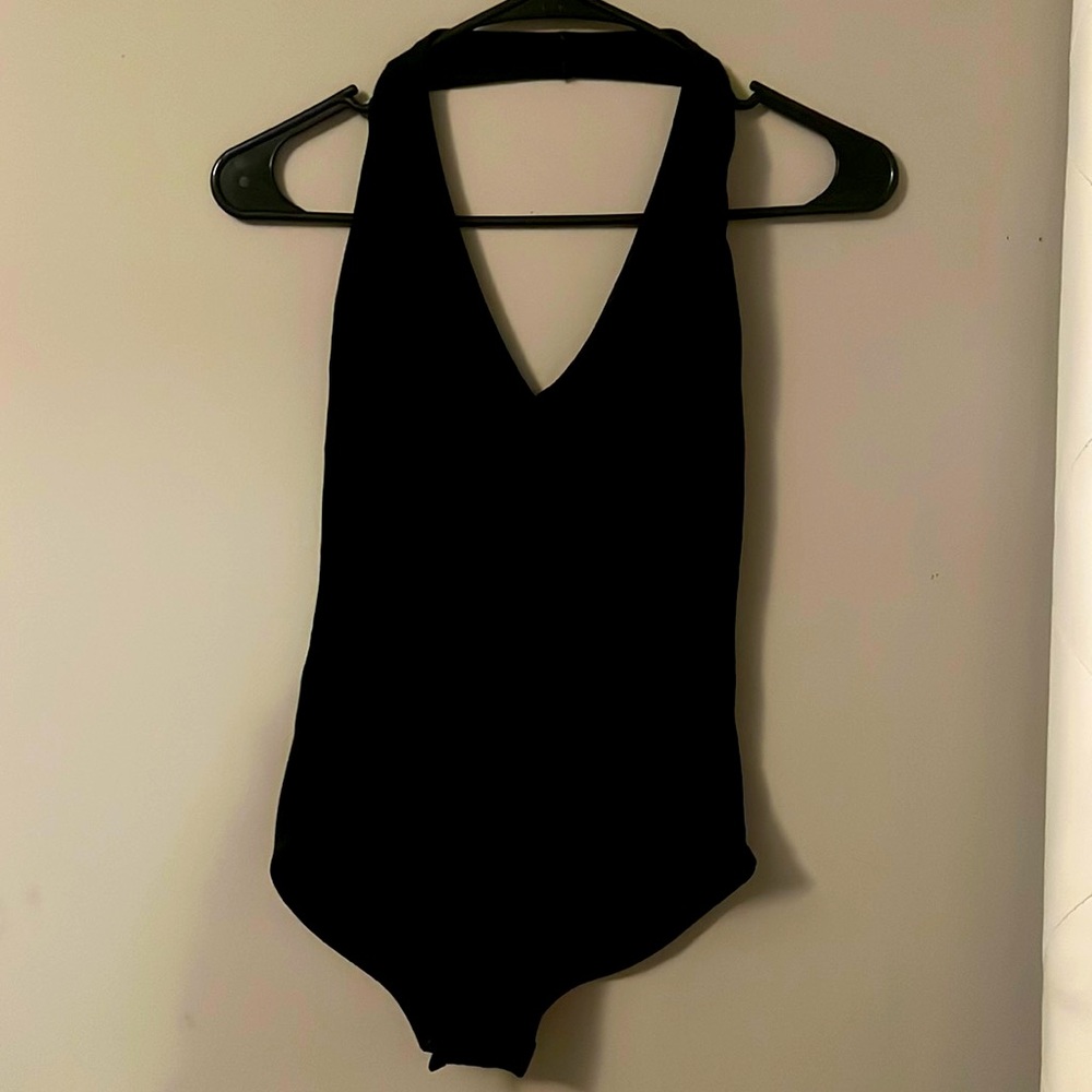 Black low V neck front and back